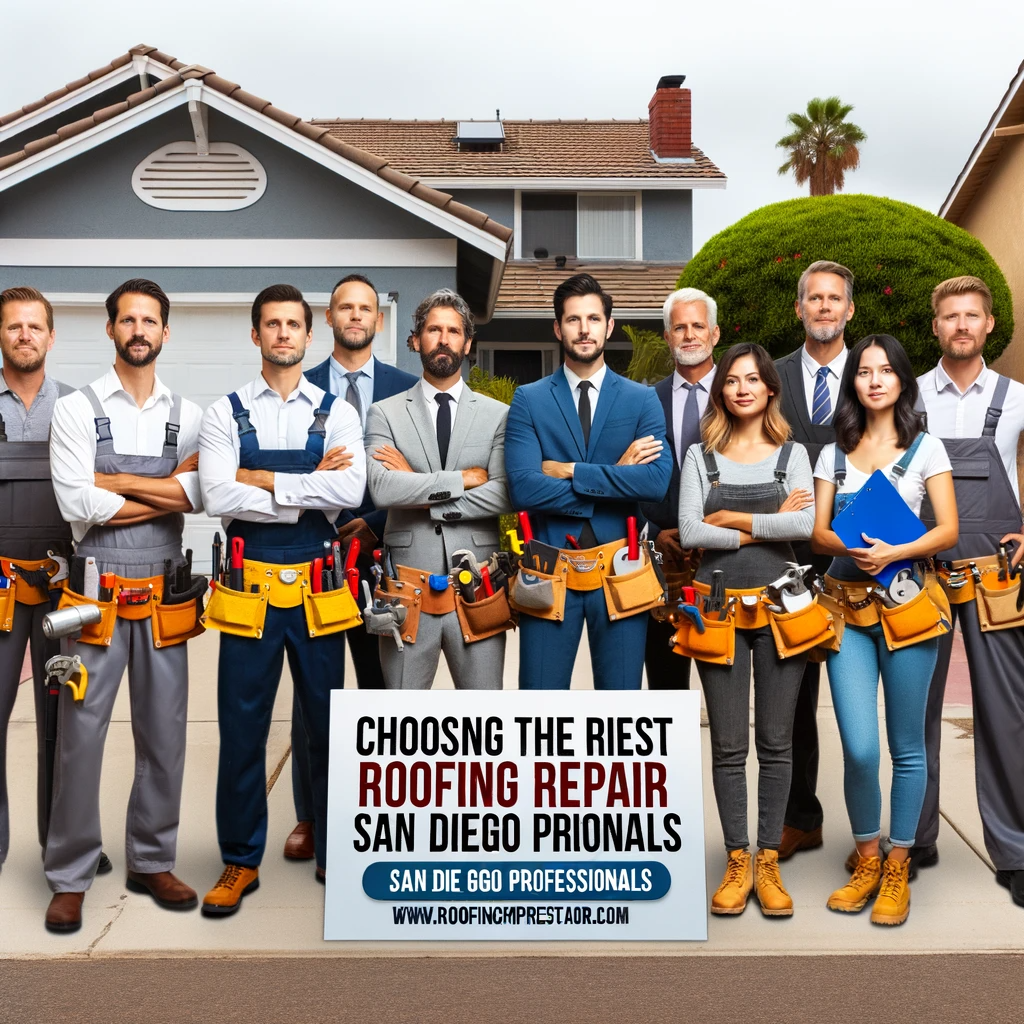 Group of roofing professionals posing in front of a residential property in San Diego.