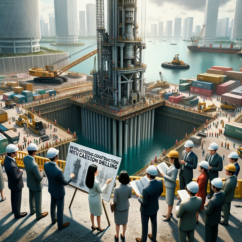 Busy construction site with a towering caisson drilling rig, while professionals in hard hats discuss plans in the foreground, set against a modern city skyline.