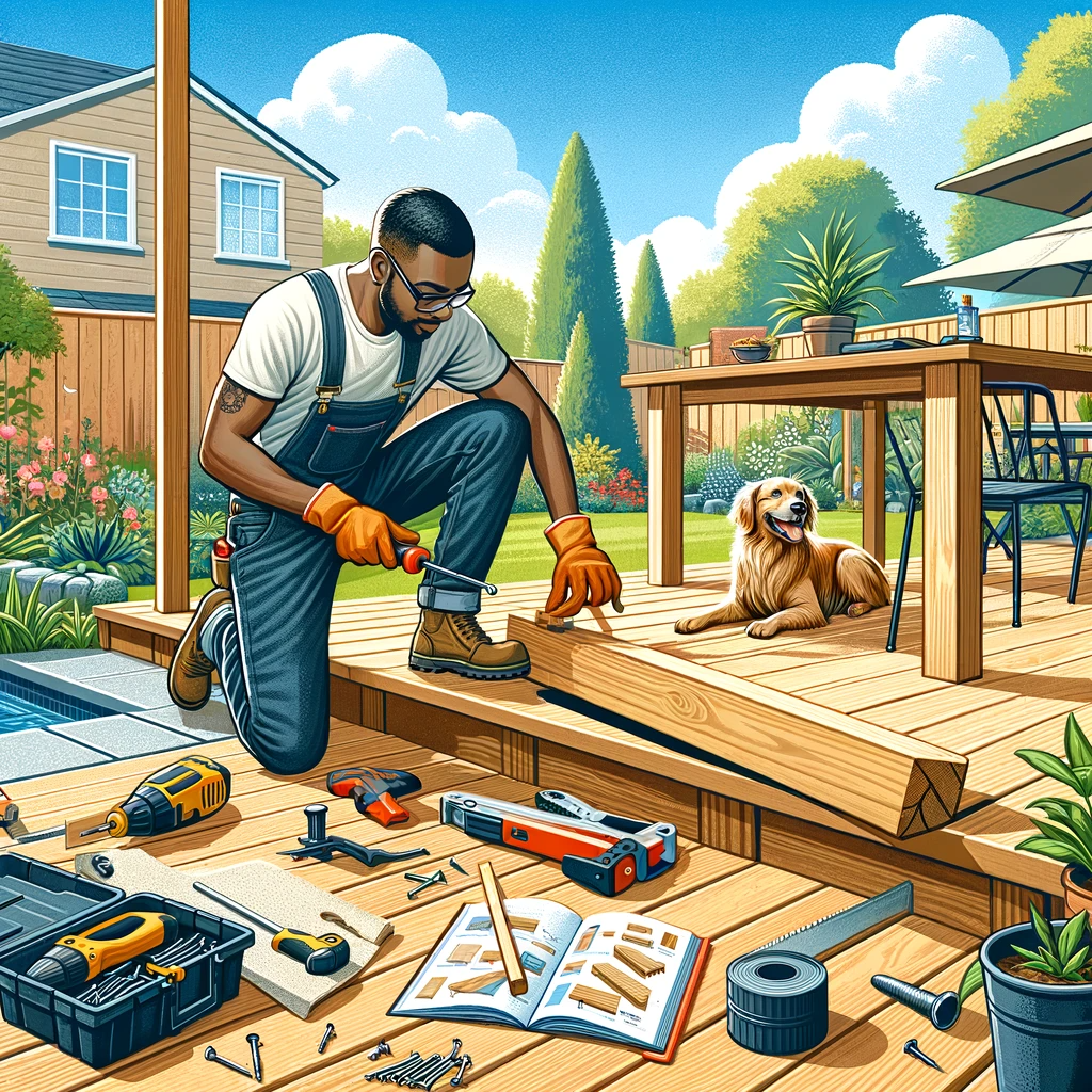 Black male repairing a deck with a DIY guide and a dog nearby.