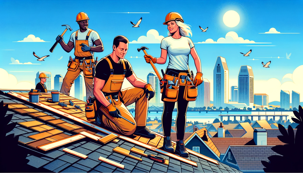 A team of roofers, consisting of a Caucasian woman, a Black man, and a Hispanic man, are repairing a roof under the clear blue skies of San Diego. They are wearing safety gear and using tools such as shingles, hammers, and measuring tape. The San Diego skyline is visible in the background.