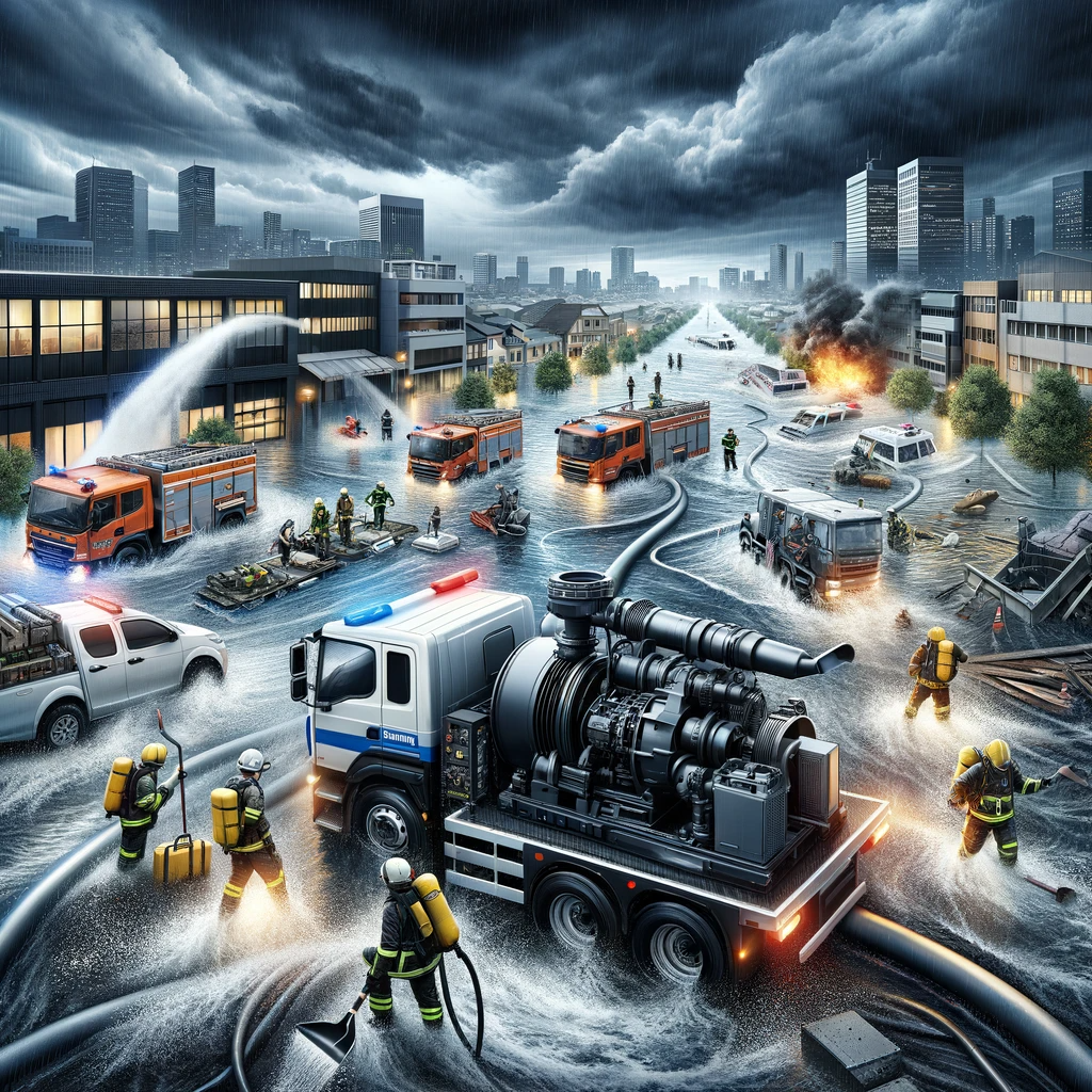 Emergency flood response scene with Tsurumi pumps, responders in high-visibility gear, and submerged urban area under stormy skies."