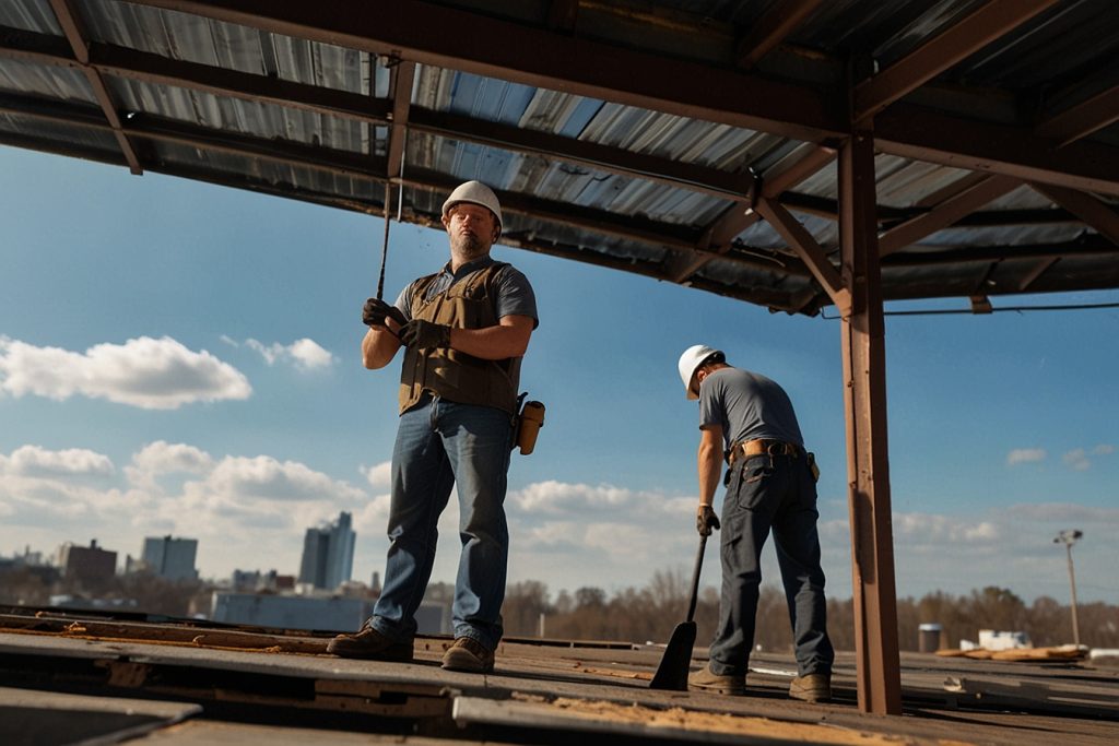 two commercial roofers working on a commercial roof in NJ